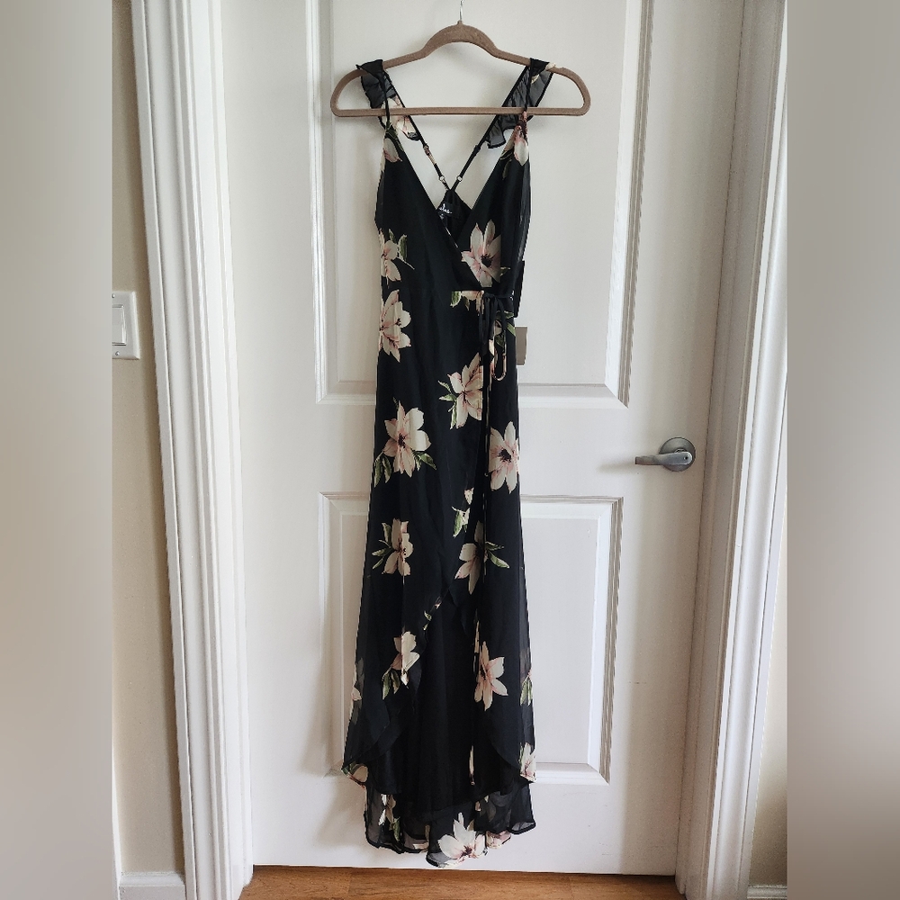 Lulu's Black Floral Print High-Low Wrap Dress